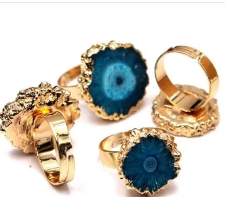 Heißer Verkauf Mode Edelstein Kristall Gold Ring Hochwertige Sonnenblume Gold Ring Inlay Druzy Achat Ring