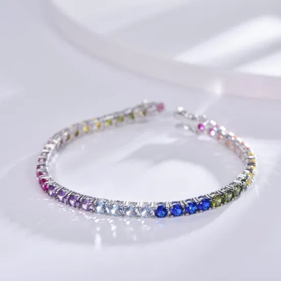 Tennis-Armband aus 925er-Silber, 4 mm großes, rundes Regenbogen-Tennisarmband aus 925er-Sterlingsilber mit Zirkonia